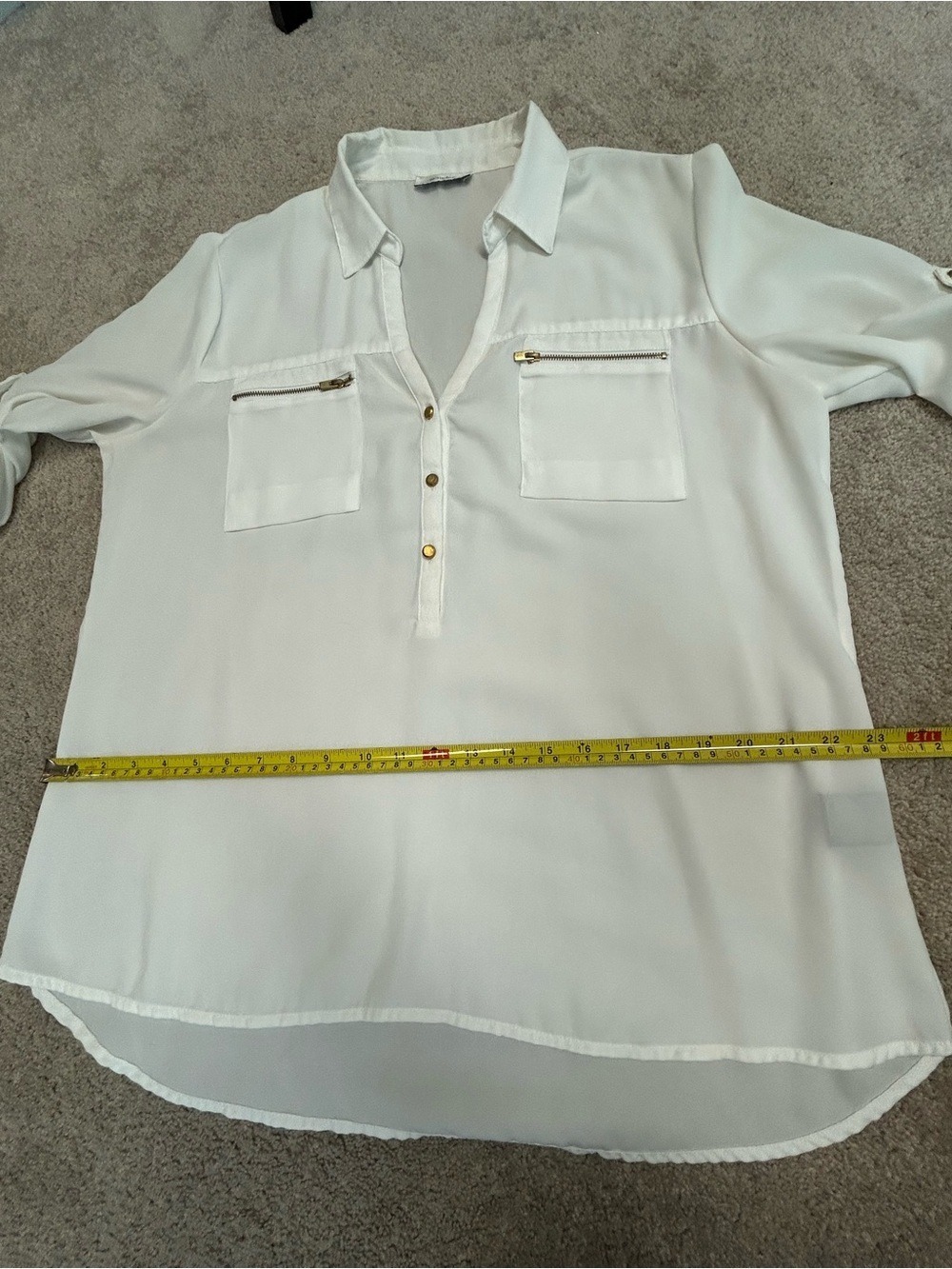 Mandee White Utility Pocket V-neck half button down Blouse roll tab sleeve XL - Picture 9 of 13